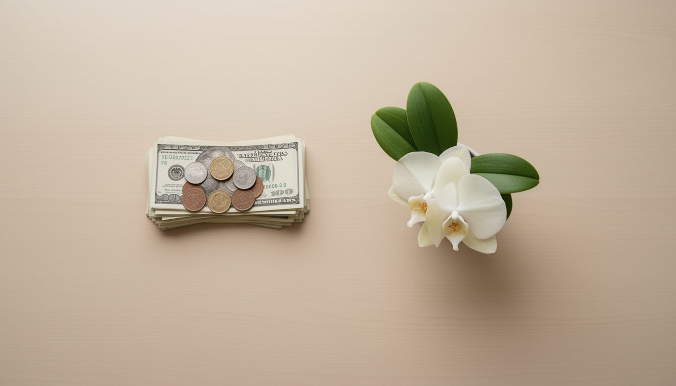 Superfície de mesa organizada com dinheiro e uma flor, representando equilíbrio entre economia e prazer