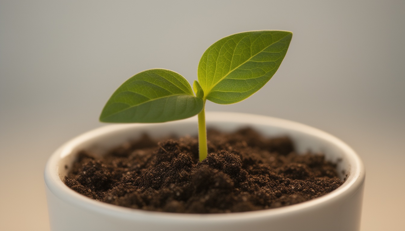 Uma muda verde crescendo em um vaso branco minimalista, simbolizando o crescimento lento e consistente do patrimônio a longo prazo.