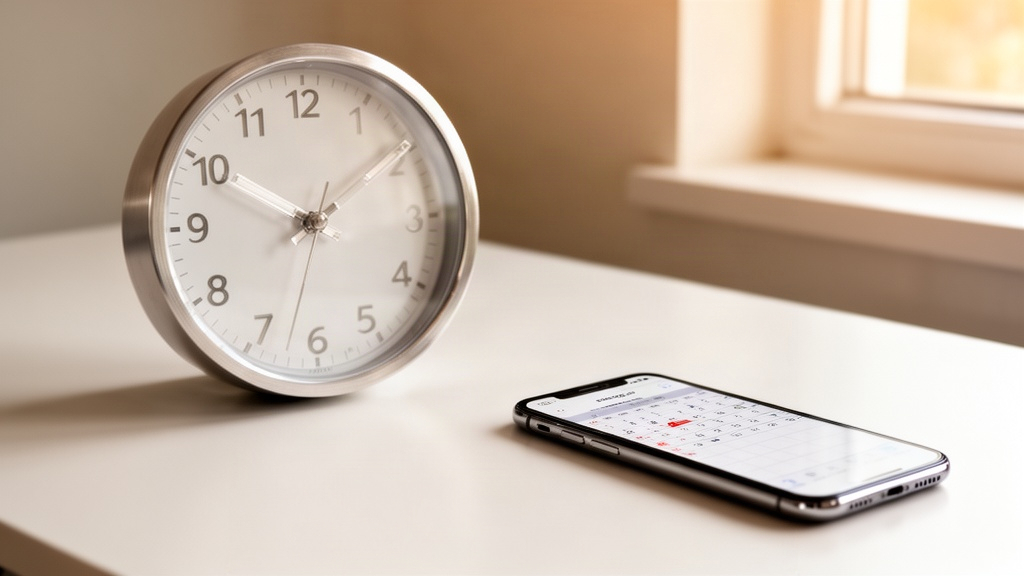 Relógio de parede e agenda digital em uma mesa de trabalho, simbolizando o planejamento do momento certo para negociações.