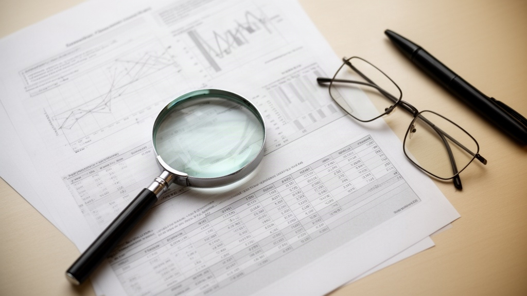 Materiais de pesquisa salarial sobre uma mesa, incluindo documento com gráficos e lupa, simbolizando a análise de mercado.
