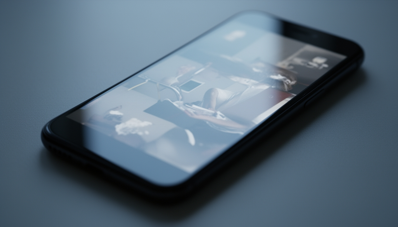Smartphone em superfície neutra com reflexo abstrato, simbolizando a diferença entre a vitrine das redes sociais e a realidade.