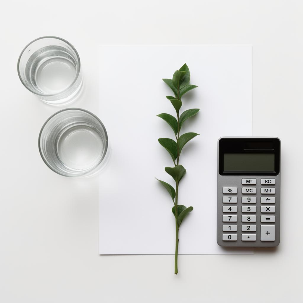 Composição flat lay minimalista com papel em branco, planta e calculadora, representando o cálculo estruturado do orçamento.
