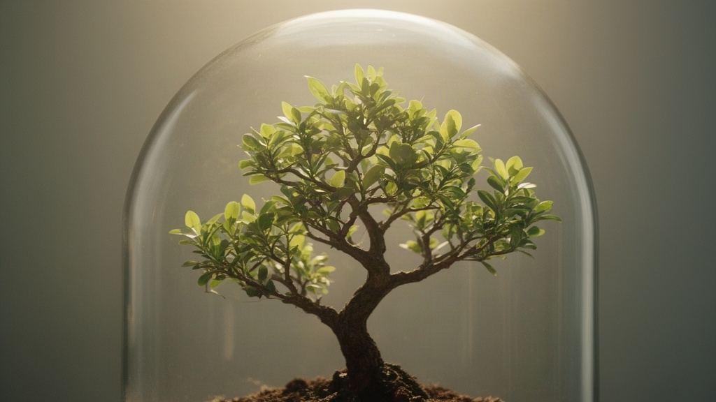 Próxima planta de bonsai em terrário de vidro com iluminação suave, simbolizando crescimento lento e consistente