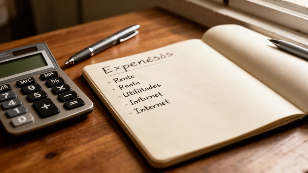 Planilha de custos de moradia em um caderno aberto com calculadora e caneta.