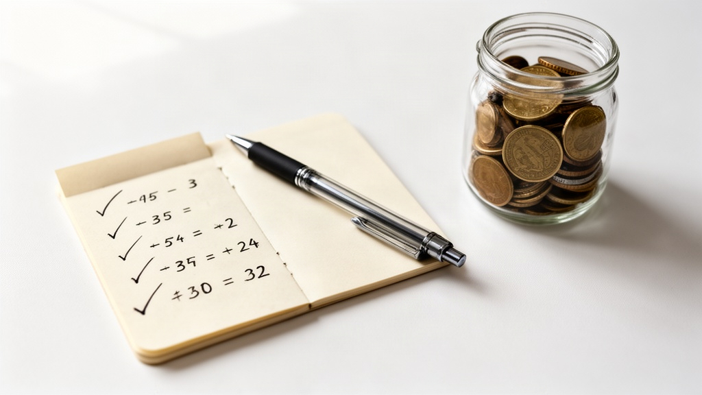 Caderno com anotações financeiras, caneta e pote de vidro simbólico para poupança em composição minimalista.