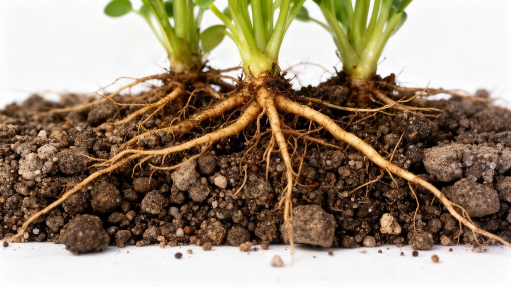 Raízes de planta expostas sobre um fundo neutro, demonstrando a estrutura aérea do substrato e a separação entre partículas
