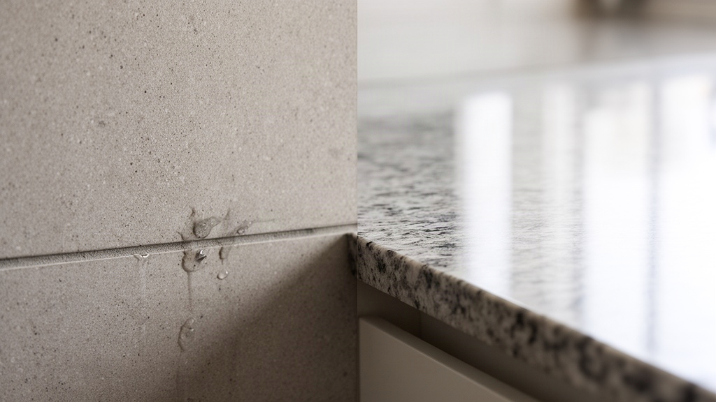Comparação visual entre uma cerâmica rugosa com manchas de água e um granito polido refletindo luz, demonstrando como a textura afeta a percepção de limpeza e manutenção.