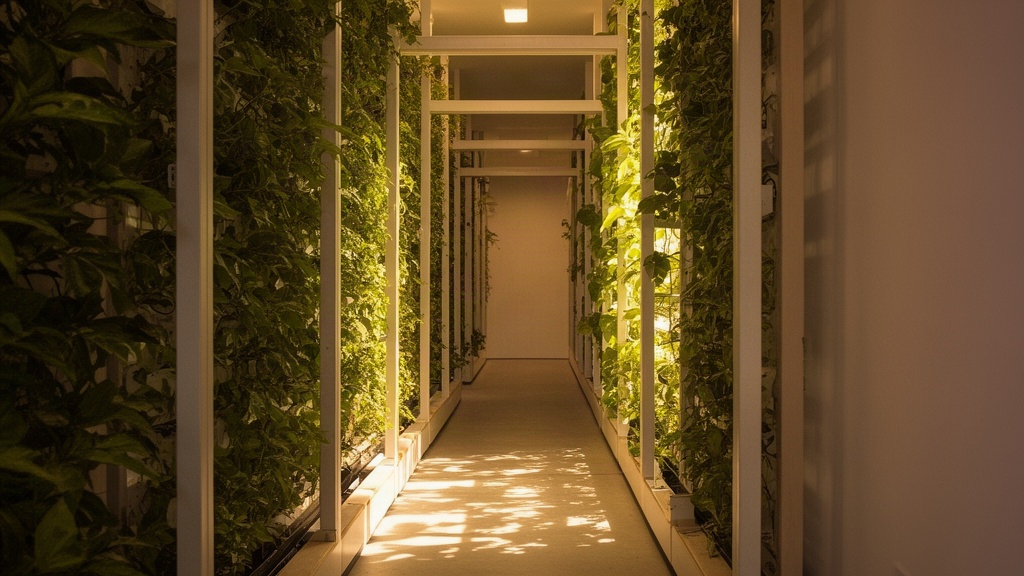 Detalhe de estrutura de jardim vertical com espaço livre para circulação humana, evidenciando a ergonomia do acesso sem obstruções por móveis ou excesso de vegetação.