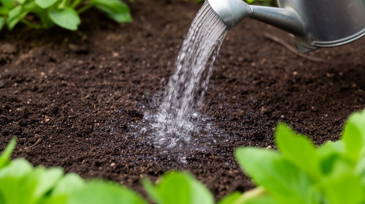 Irrigação lenta e direcionada à base de uma planta, com a água penetrando o solo sem criar poças superficiais