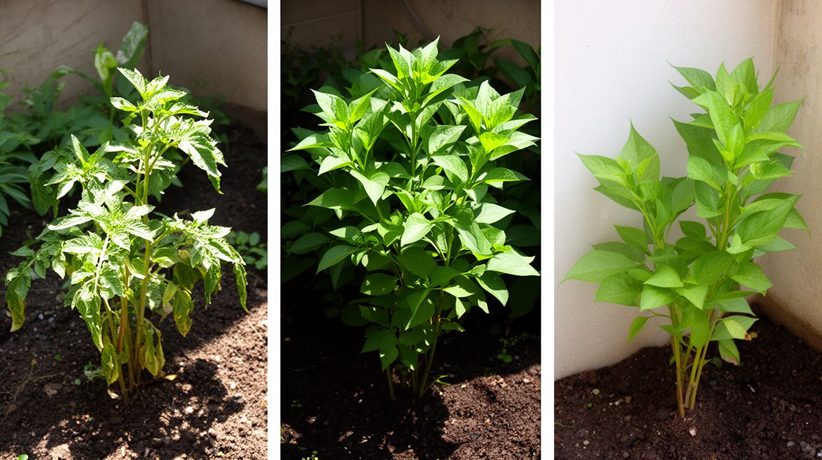 Comparação visual de três plantas em diferentes condições de luz e solo, demonstrando respostas distintas ao clima