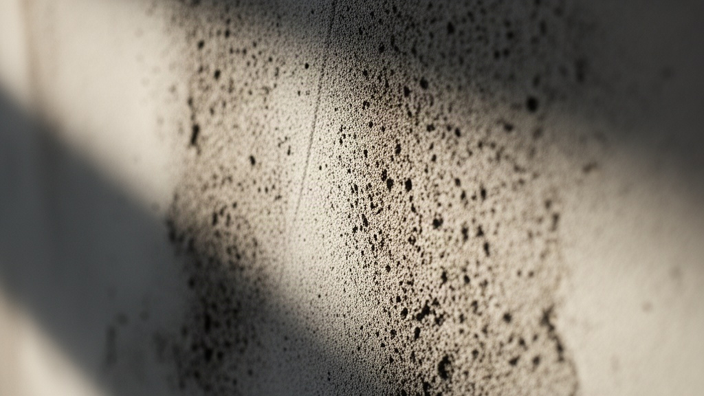 Detalhe em macro de parede com cimento queimado, mostrando como a luz lateral revela as irregularidades e a textura do material.