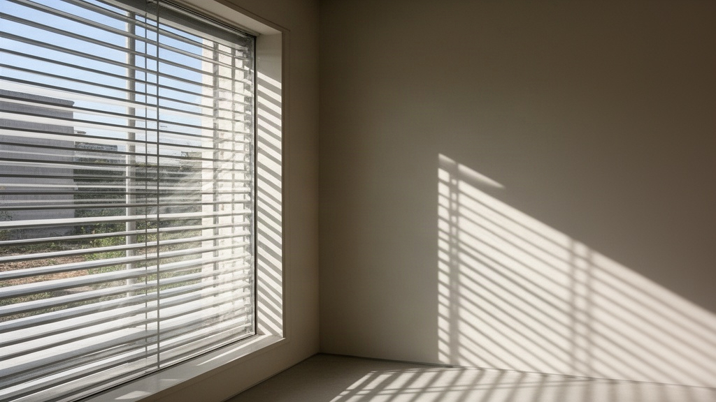 Uma janela com proteção solar externa criando sombras geométricas em uma parede interna, ilustrando estratégias passivas de controle de calor