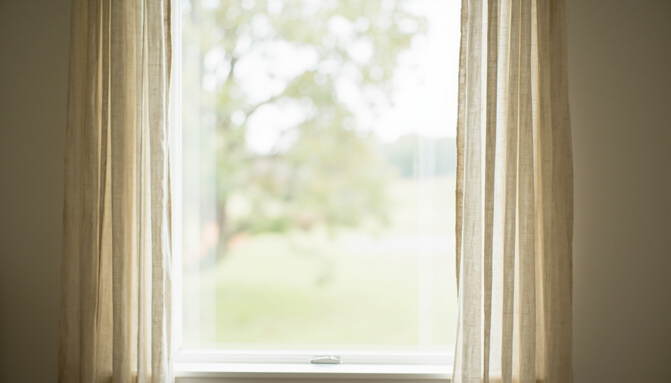 Cortinas de tecido pesado e longo cobrindo uma grande janela, suavizando a reflexão sonora e trazendo leveza ao ambiente
