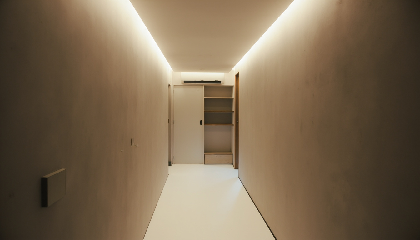 Corredor residencial estreito com prateleiras flutuantes e ganchos discretos na parede, iluminação linear e aspecto minimalista