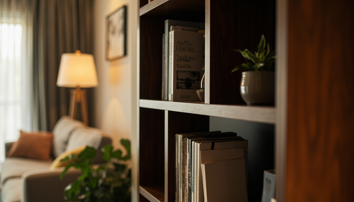 Canto reto de uma sala tratado com estante vertical em cor unida com a parede, contendo livros e decoração sutil