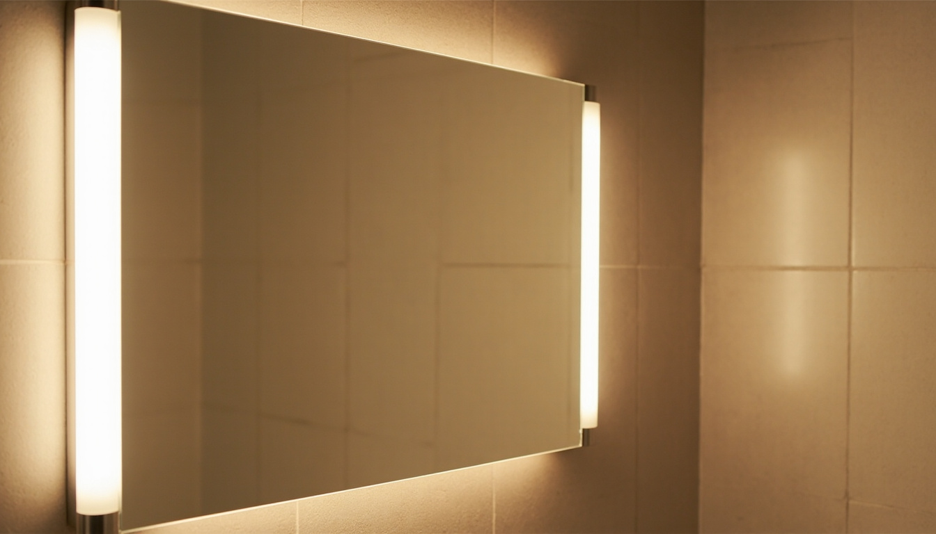 Detalhe de iluminação frontal e indireta ao redor do espelho do banheiro, eliminando sombras e valorizando as superfícies