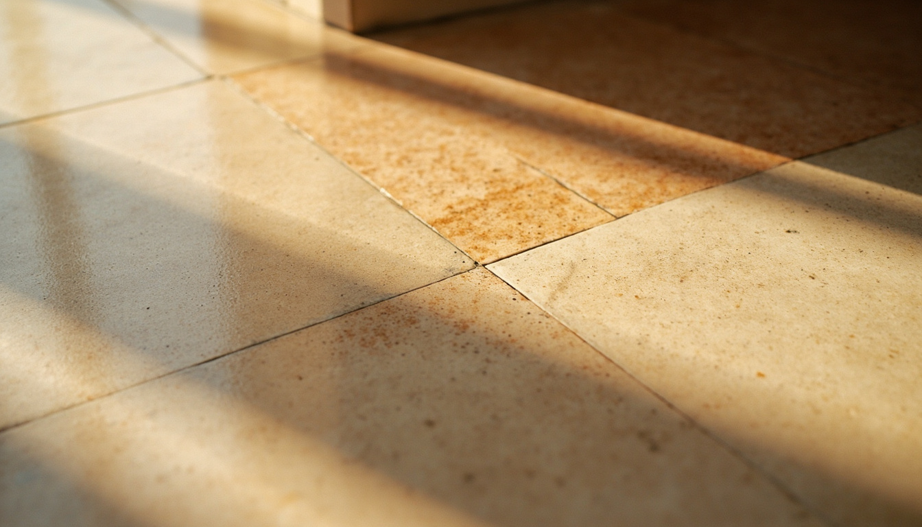 Detalhe da transição entre um piso hidráulico antigo e um revestimento neutro moderno em uma reforma planejada.