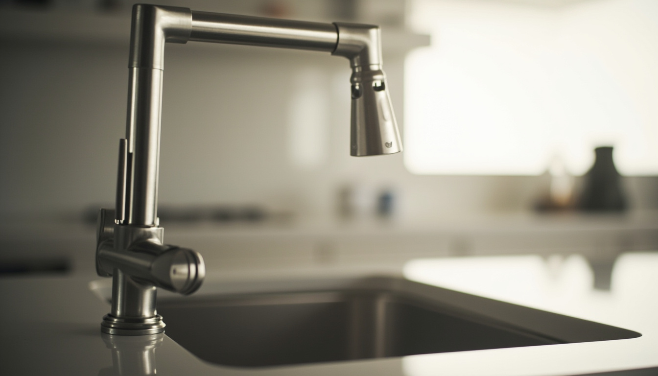 Detalhe de torneira de cozinha moderna com bica móvel sobre cuba de inox, focando no design do cano e na alavanca.