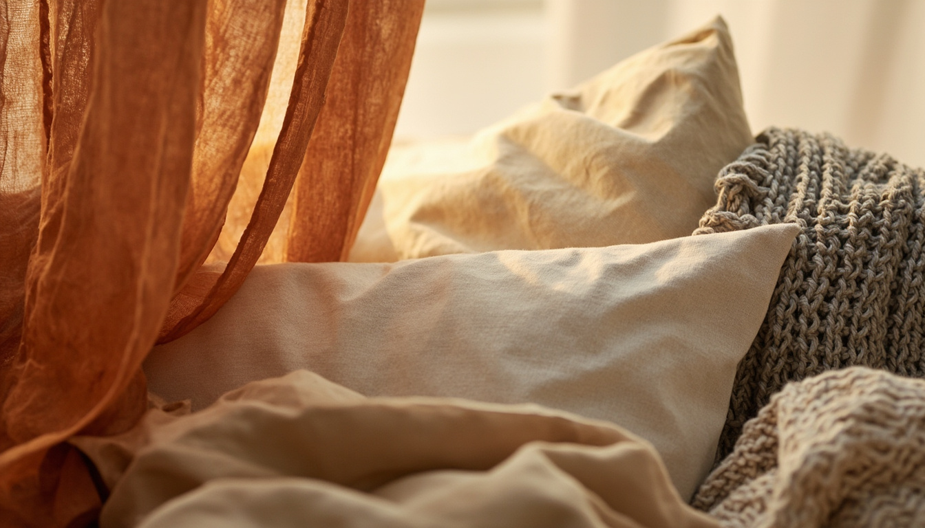 Close-up details of natural linen, cotton, and knit textures in neutral earth tones.