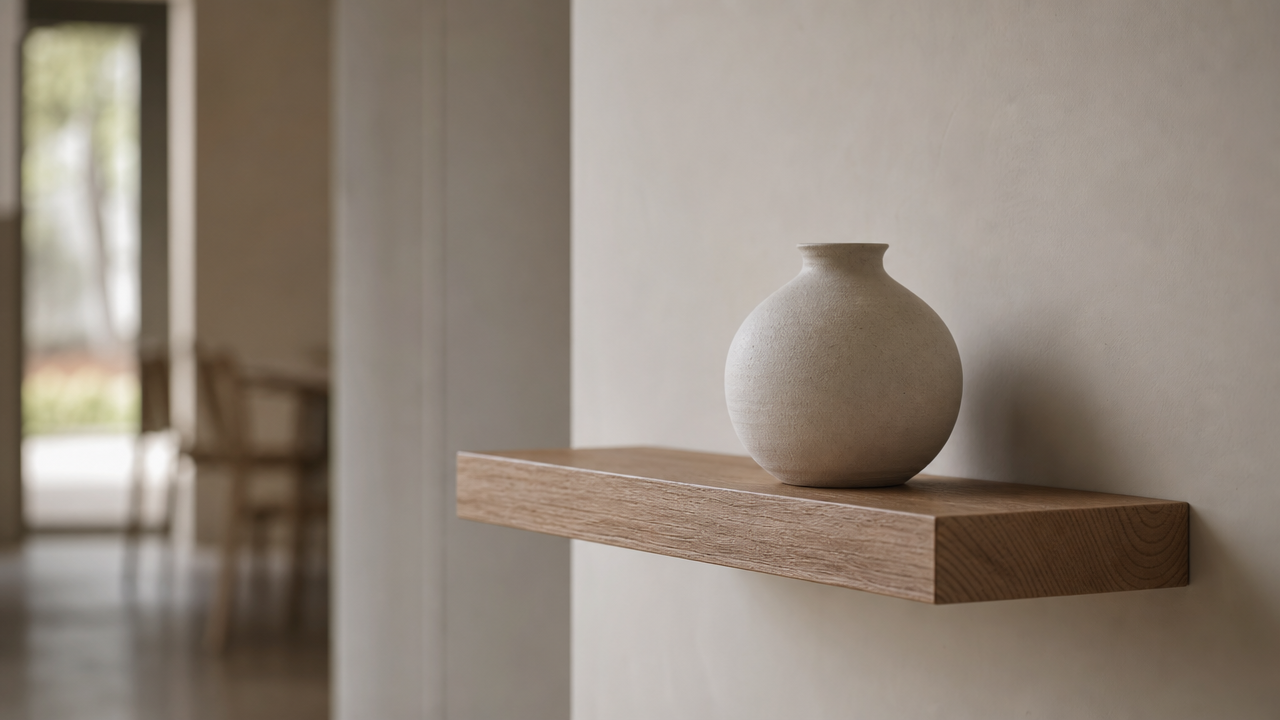 Minimalist wooden shelf with visible grain mounted on a light wall, creating a warm contrast.