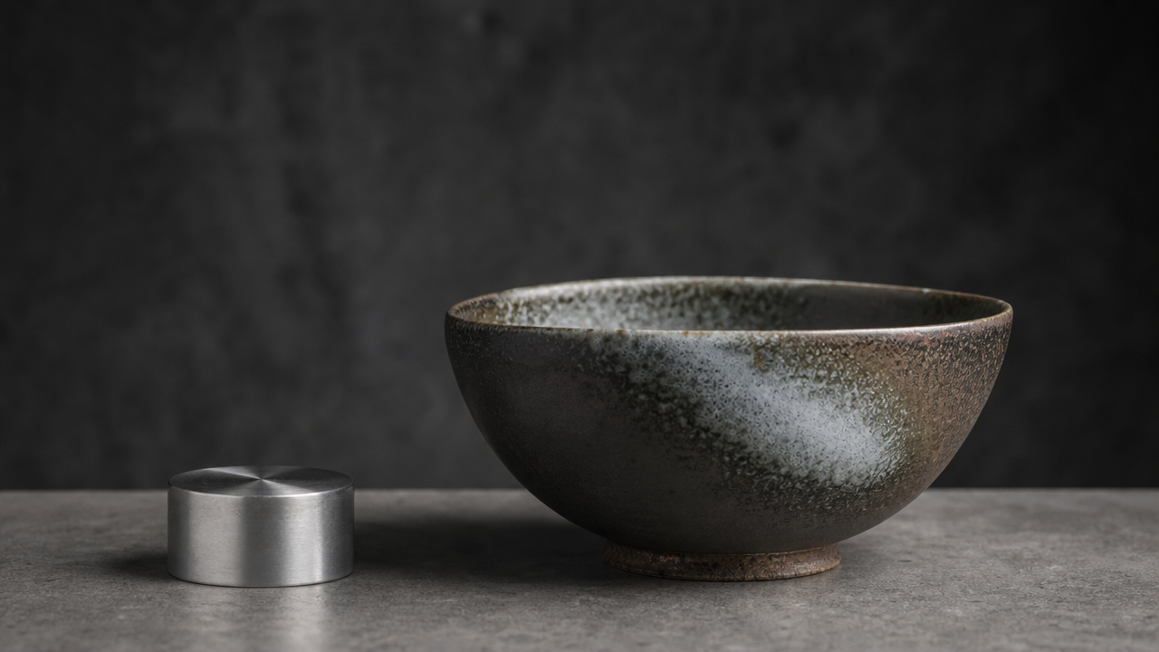 Artisanal ceramic bowl and brushed metal object on a stone surface, highlighting imperfect textures.