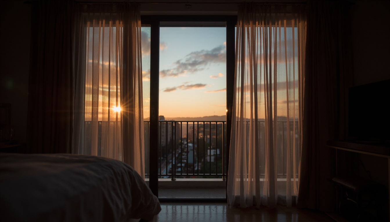 Janela aberta ao entardecer, com cortinas leves, simbolizando o momento ideal para ventilar quando o ar externo está mais fresco.