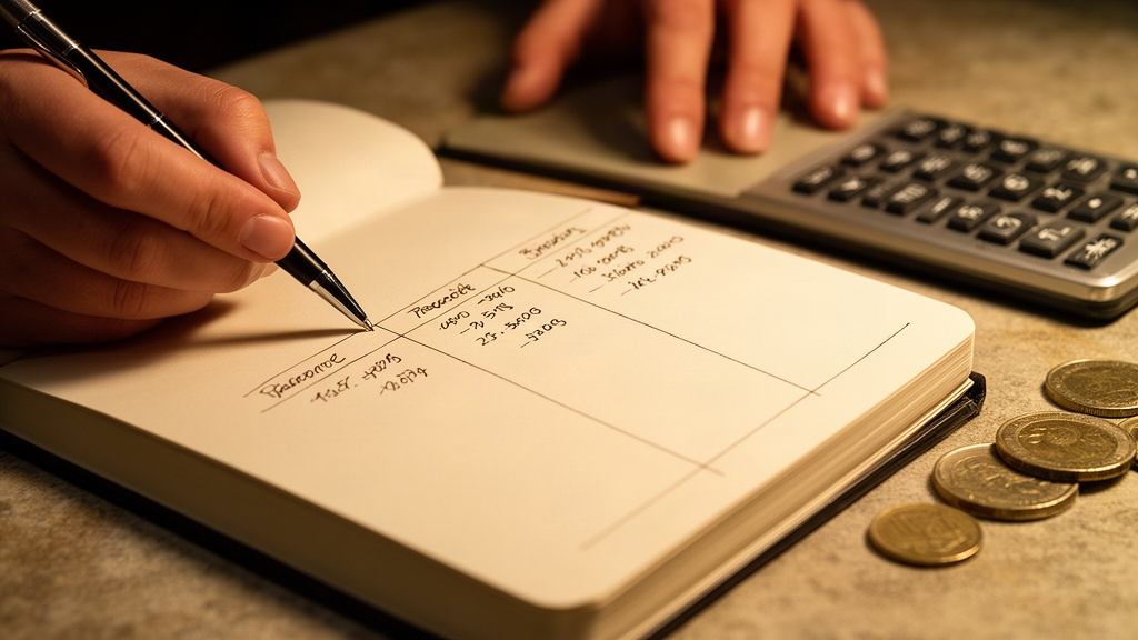 Mãos escrevendo em caderno com lista de despesas separada em categorias, ao lado de calculadora e moedas, simbolizando o cálculo da renda real