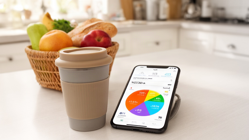 Celular exibindo aplicativo de orçamento com gráficos de gastos, ao lado de caderneta de compras e café, representando o controle inteligente dos gastos flexíveis