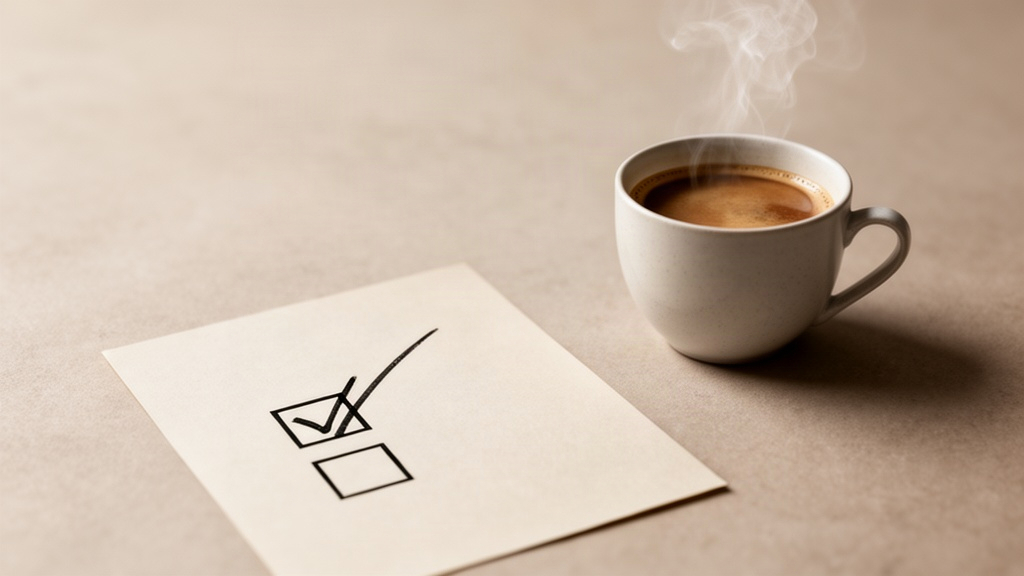 Lista de verificação com item marcado ao lado de uma xícara de café, representando a decisão ponderada de aceitar um acordo