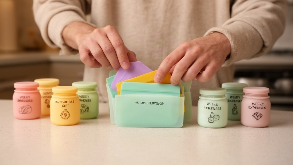 Mãos organizando envelopes de orçamento semanal em ambiente doméstico tranquilo