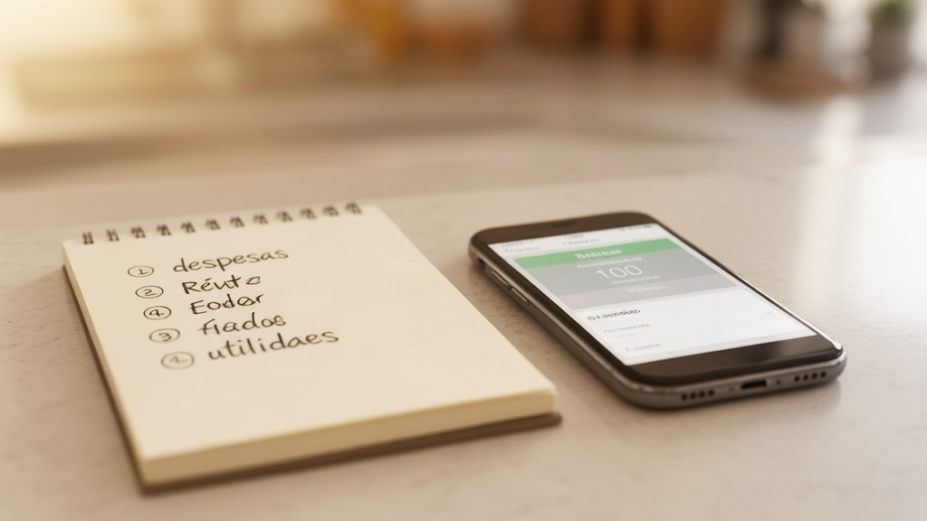 Bloco de notas com despesas escritas e celular com app de orçamento em cozinha organizada