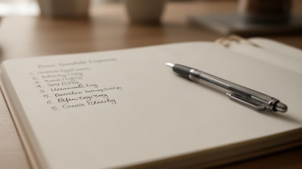 Caderno aberto com lista de despesas essenciais e caneta ao lado