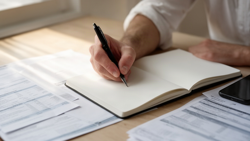Mãos organizando documentos financeiros e anotando em um caderno em uma mesa de trabalho