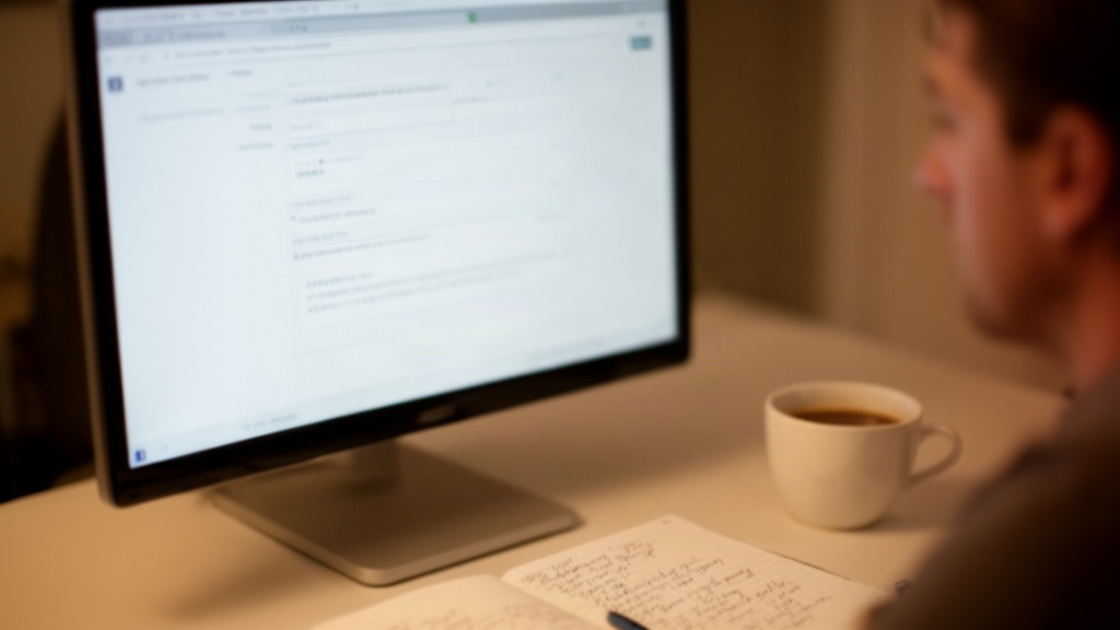 Computador em destaque em uma mesa de trabalho com anotações e café, sugerindo a escrita de um e-mail formal