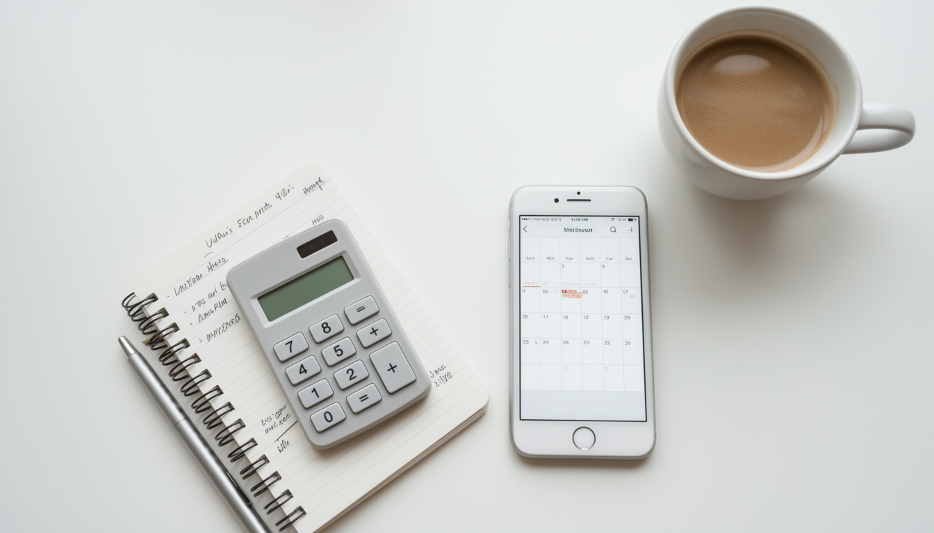 Escritório minimalista visto de cima com celular mostrando calendário, calculadora e caderno, representando a organização e o planejamento necessary para aceitar um acordo financeiro.