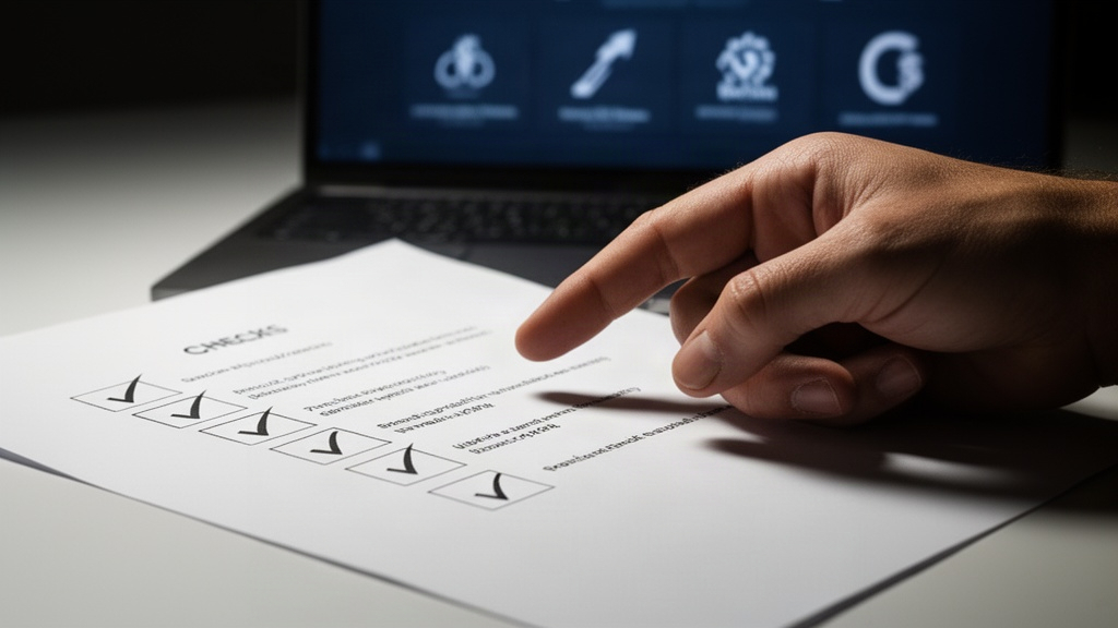 Mão indicando uma lista de verificação de segurança em um papel, com fundo desfocado de computador, simbolizando a necessidade de verificar fontes e canais oficiais antes de transações.