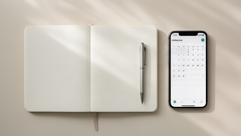 Vista superior de uma mesa organizada com caderno, caneta e celular, simbolizando o planejamento financeiro e a organização das dívidas.