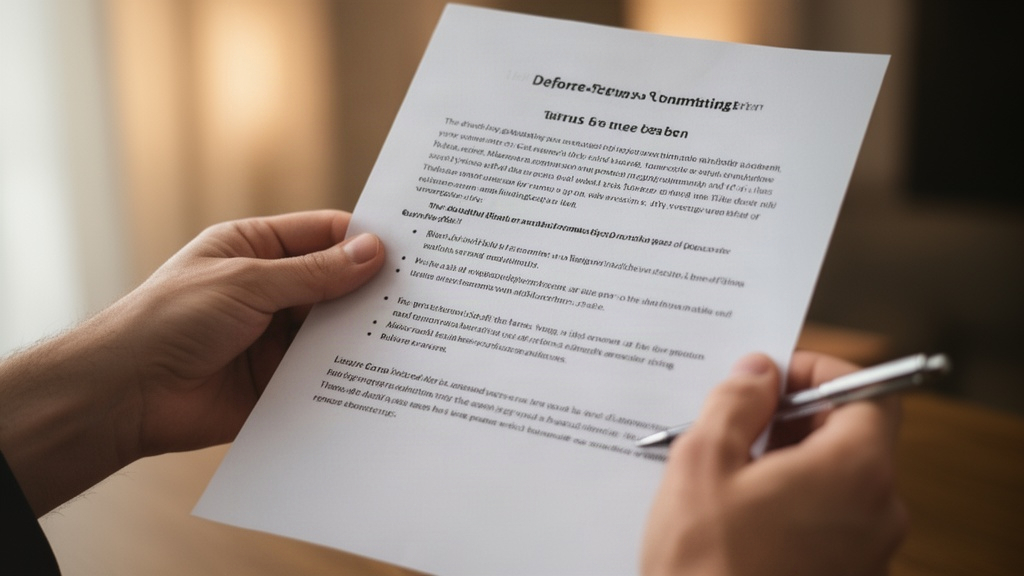 Mãos segurando um documento e uma caneta, representando a análise cuidadosa das condições de um acordo financeiro.