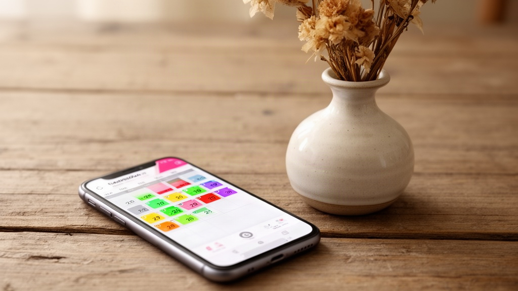 Smartphone sobre mesa de madeira mostrando aplicativo de calendário com datas destacadas, ao lado de um vaso com flores secas, representando o planejamento financeiro ao longo do tempo