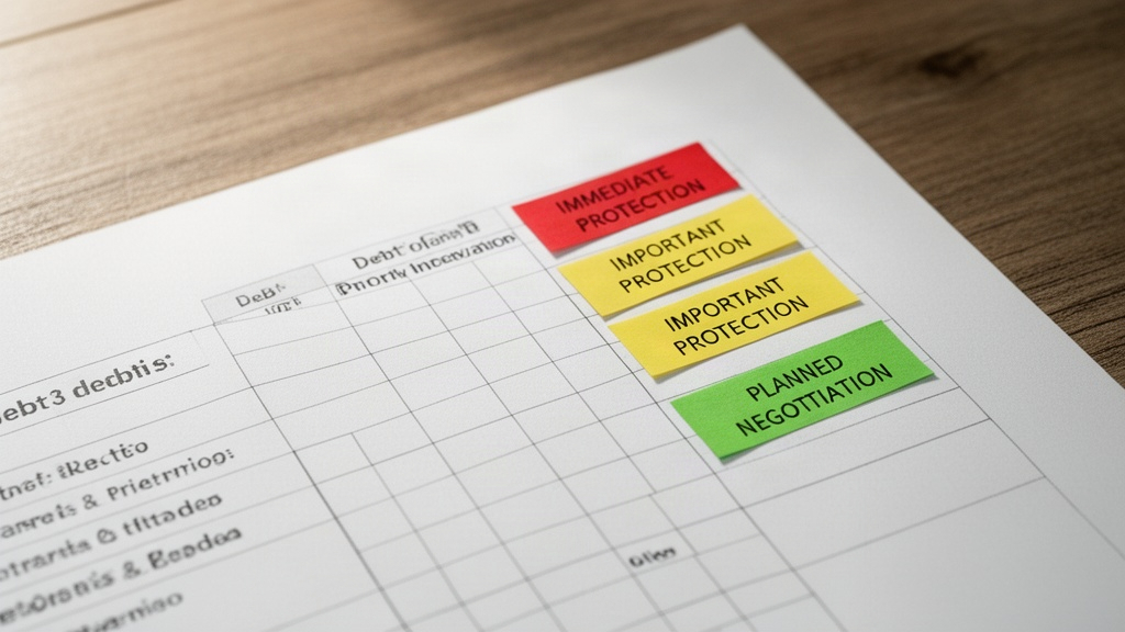 Detalhe de uma planilha de prioridades com categorias coloridas para organizar dívidas por urgência.