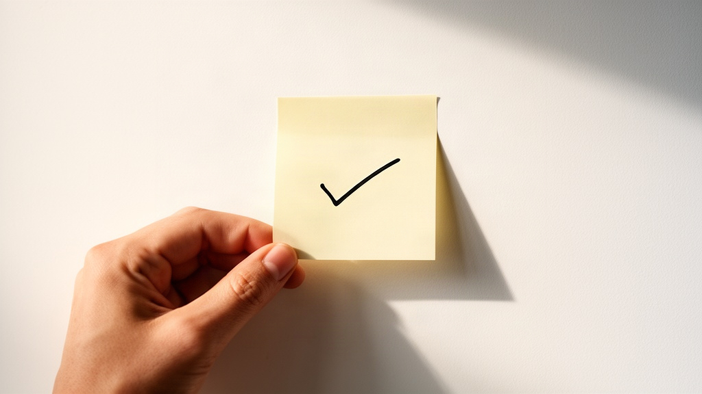 Mão colando um adesivo com um checkmark, simbolizando o primeiro passo na resolução de problemas financeiros.