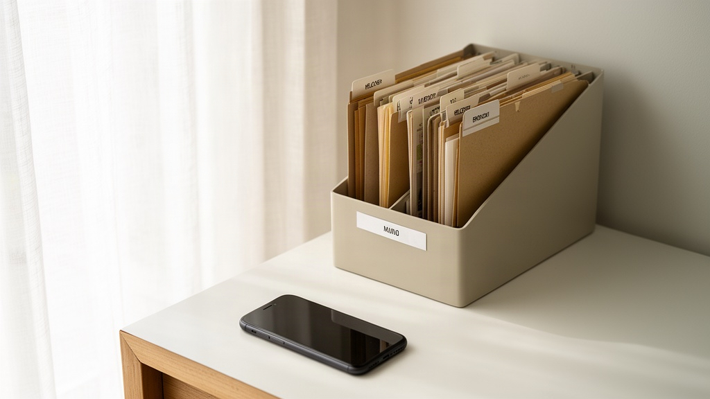 Organizador de arquivos e smartphone sobre uma mesa limpa e organizada