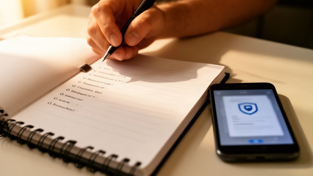 Mão anotando detalhes de uma negociação em um caderno, ao lado de um smartphone, simbolizando a importância de registrar protocolos e propostas por escrito.
