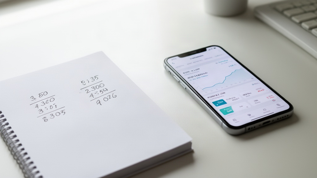 Caderno de anotações financeiras e smartphone em mesa clara