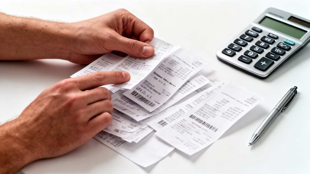 Mãos organizando recibos e documentos financeiros sobre uma mesa branca, com calculadora ao lado, simbolizando o diagnóstico preciso das despesas.