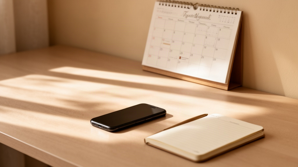 Mesa de trabalho organizada com um calendário na parede e um celular, representando o planejamento de despesas sazonais e a organização familiar.