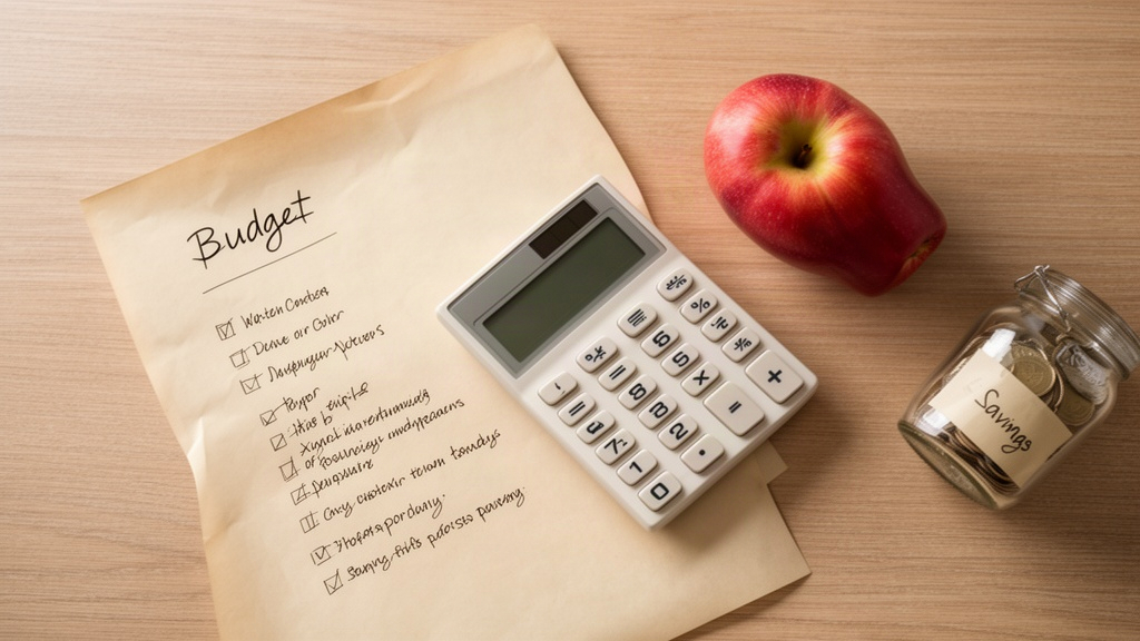 Composição em flat lay com lista de orçamento, calculadora e marmita representando economia doméstica
