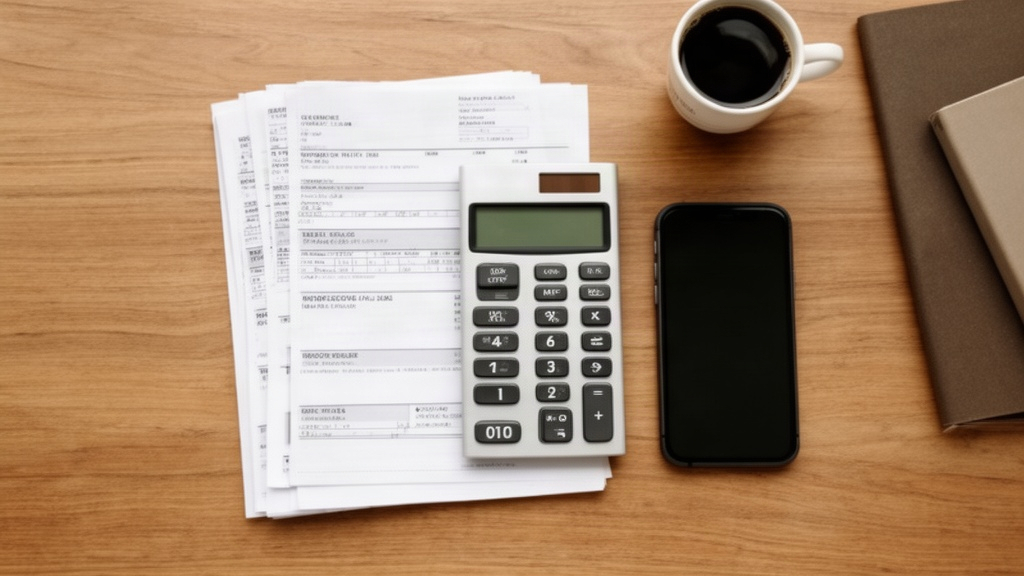 Mesa organizada com contas, calculadora e caderno simbolizando o planejamento dos gastos domésticos
