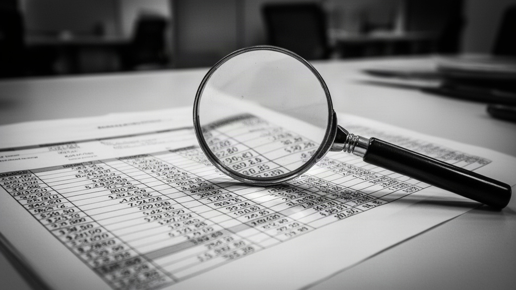Documento de demonstrações financeiras sob lupa em ambiente corporativo, simbolizando a análise detalhada da qualidade contábil
