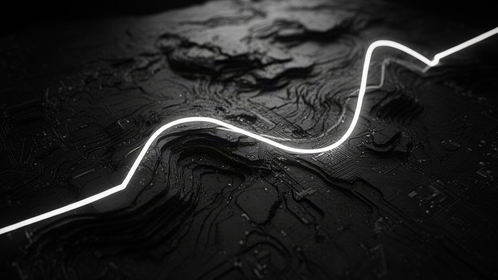 Curva de tendência em relevo sobre superfície escura, ilustrando a inversão e a volatilidade dos juros em preto e branco.